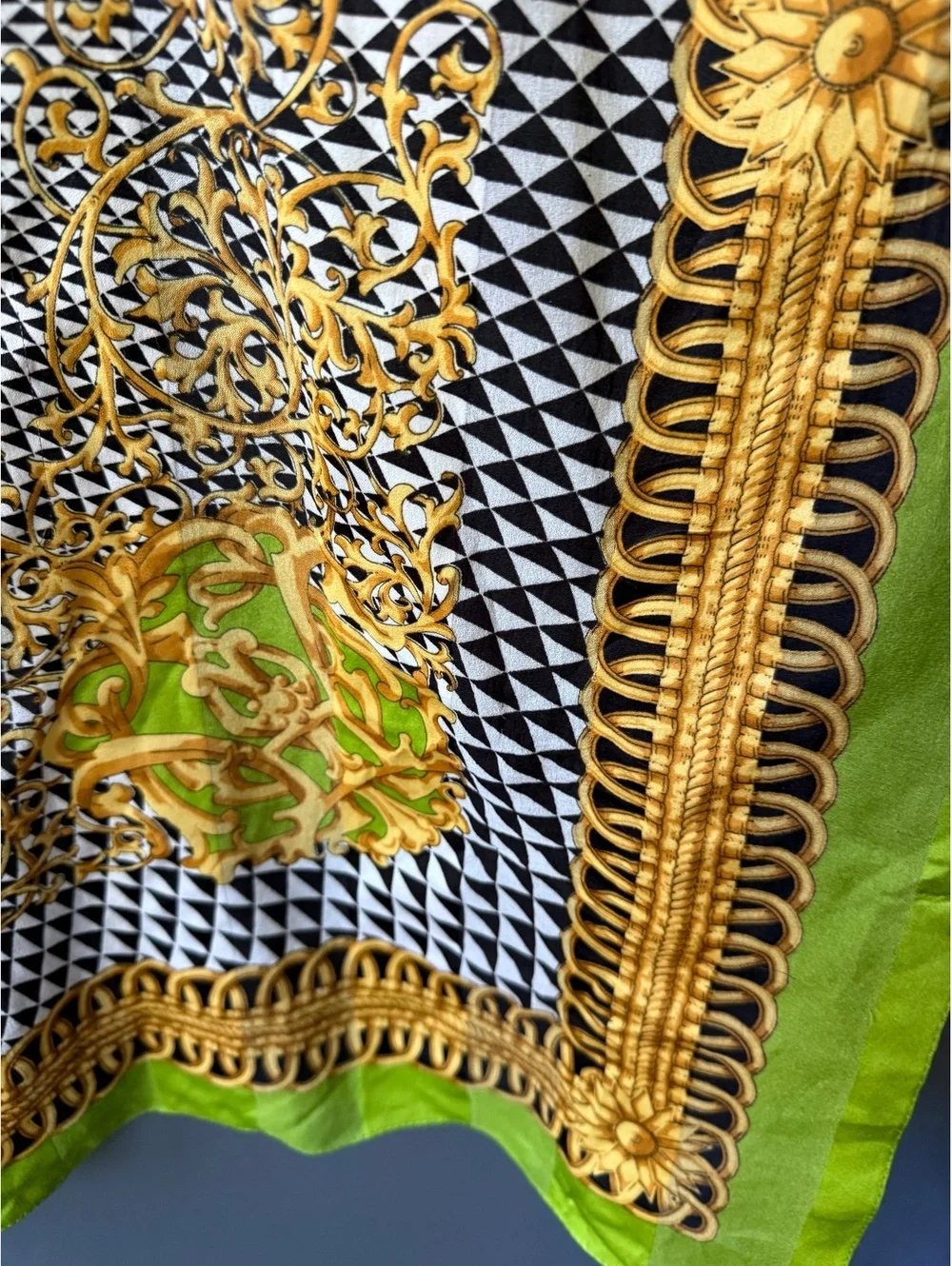 Elegant Green and Gold Patterned Scarf with Geometric and Baroque Design